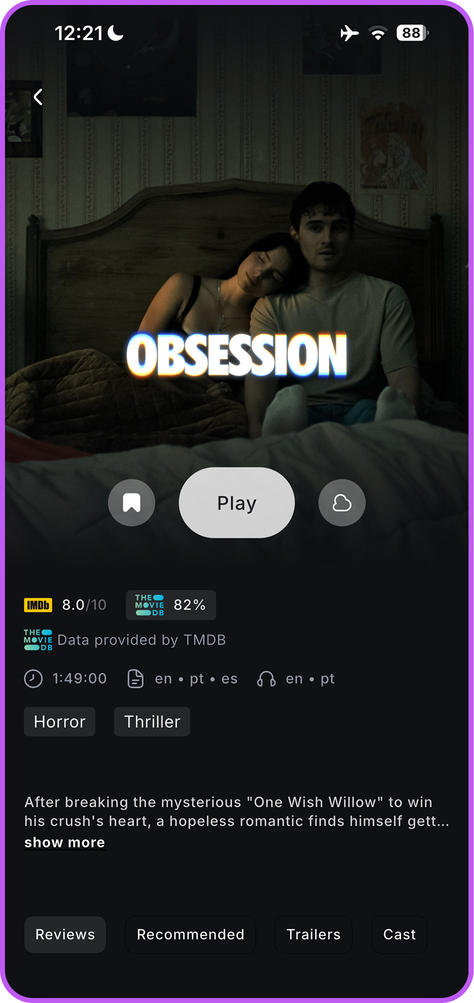 PlayFlix no celular, tela de detalhe de um filme
